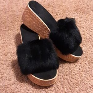 "New" Ladies Black Fur Top Wedge Sandles